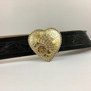 Vintage Tooled Black Leather Belt Heart Buckle